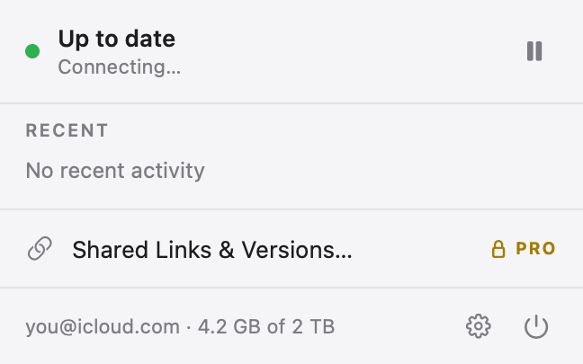 The Sirocco menu bar dropdown showing a linked Dropbox account and sync status