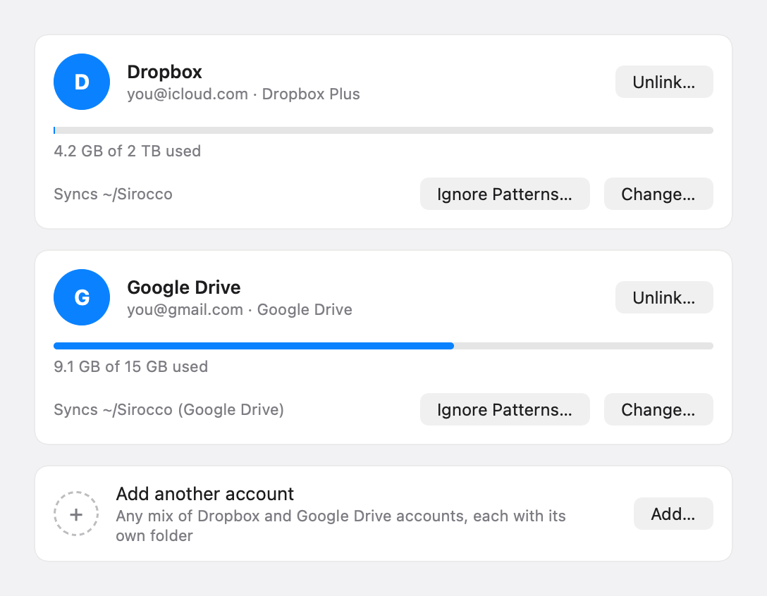 Sirocco preferences showing a Dropbox and a Google Drive account linked side by side