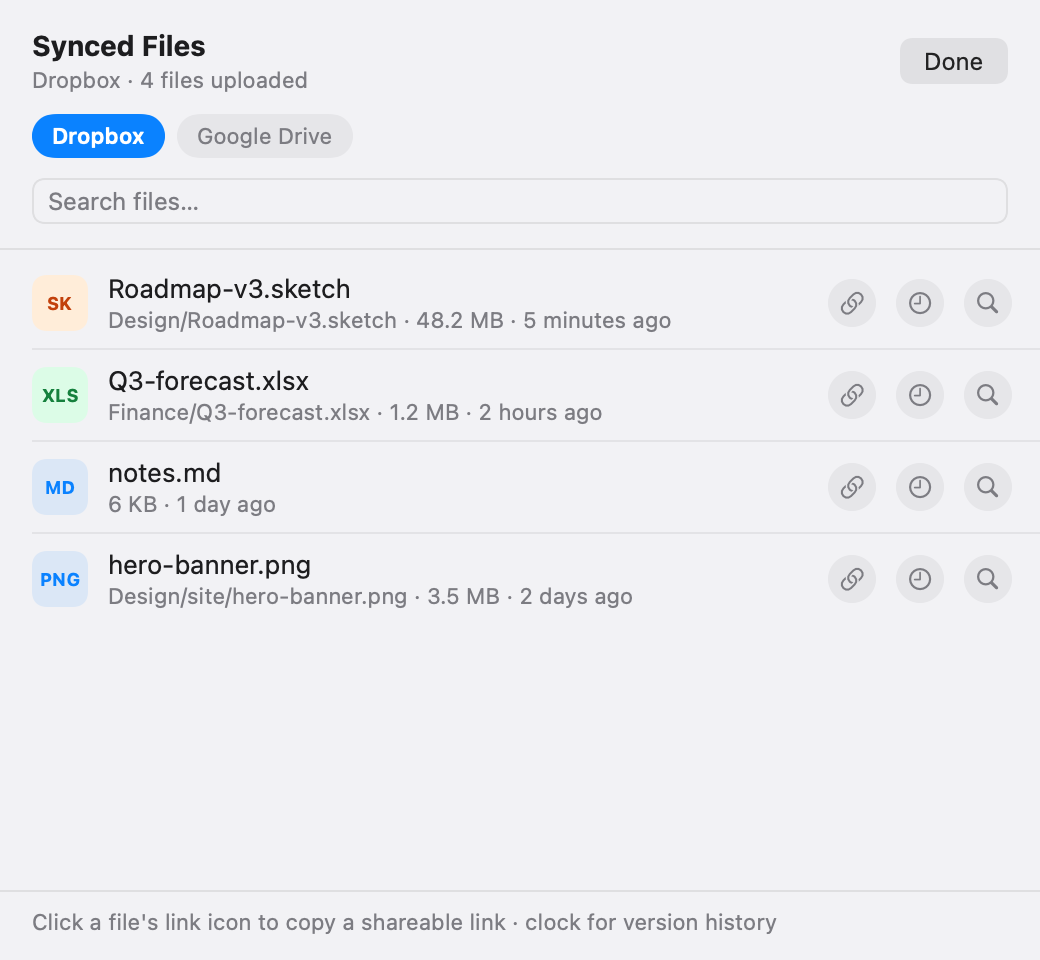 The Synced Files browser: every uploaded file with shared-link and version-history actions